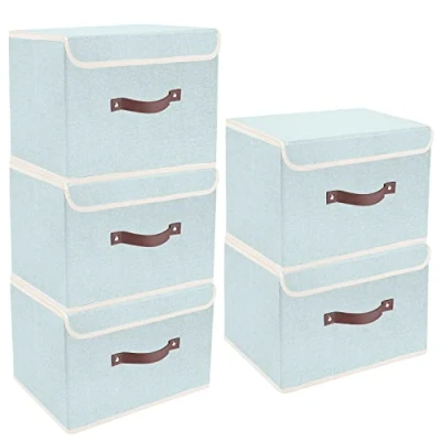 Image of TYEERS Collapsible Storage Box with Lid, Fabric for Clothes, Wardrobe Storage, 38x25x25 cm, Set of 5, Aqua Spring