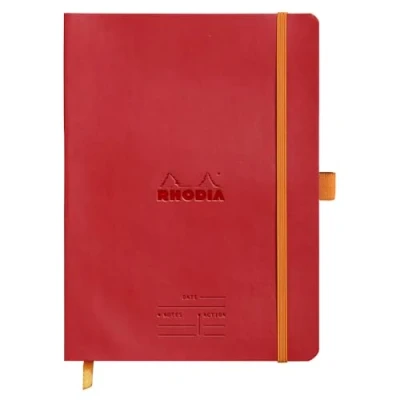 Image of RHODIA 117793C Poppy Meeting Soft Notebook A5+ Pre Printed Date/Notes/Action 160 Detachable Pages 90g Clairefontaine Paper Bookmark, Pencil Holder Faux Leather Cover Rhodiarama