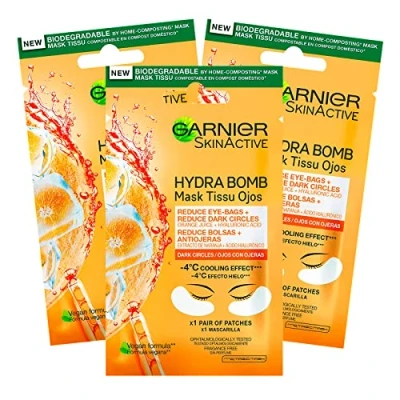 Image of 3x Garnier SkinActive Anti Fatigue Eye Contour Mask with Orange Juice and Hyaluronic Acid for Dull Tired Eyes Ice Effect 3 Packs of 1 Application