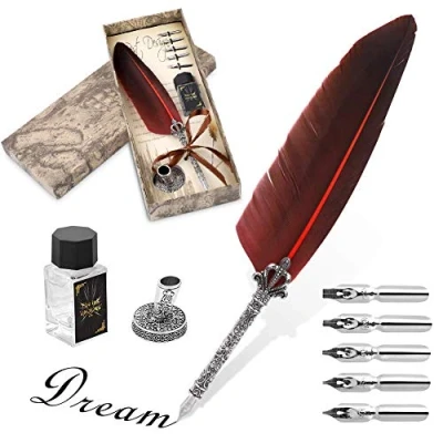 Image of Quill Pen and Ink Set, Antique Feather Handmade Caligraphy Beginners Set for English Writing, Vintage Stationery Gift with Nib Bases Bottle No Ink, Harry Potter Cosplay Prop (Red)