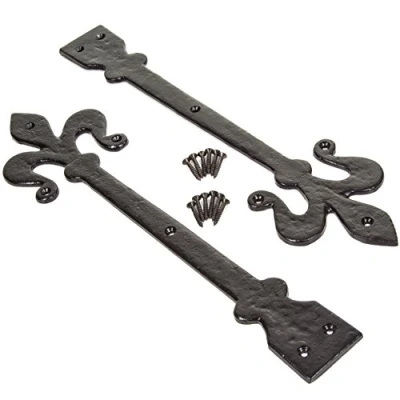 Image of Pair of 400mm Antique Door Hinge Fronts in Vintage Black Fleur De LYS Design
