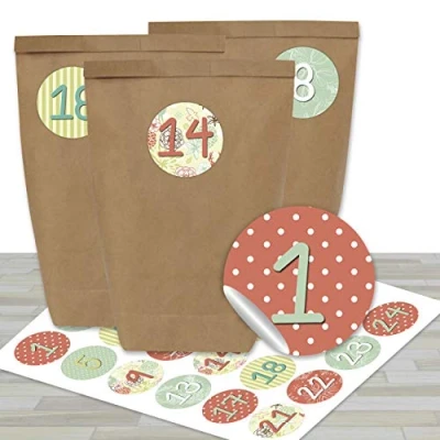 Image of Papierdrachen Advent calendar 24 paper bags with stickers girlish mint and pink color design