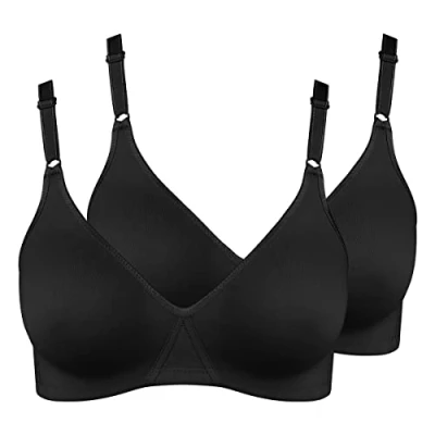 Image of Nur Die Women&#039;s Pack of 2 Cotton, Non Wired Double Layer Cup Bra, Soft, Comfortable, Invisible, Seamless Under Clothing, Black, 42C