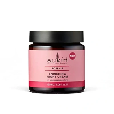 Image of Sukin Rosehip Enriching Night Cream 120ml with Oil &amp; Vitamin C; cruelty free vegan friendly to hydrate and improve skin radiance, for dehydrated mature skin.