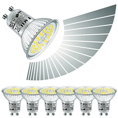 Image of EACLL GU10 LED Bulbs Dimmable 6W Cool White 6000K Light Replace 65W PAR16 Halogen. 620LM Energy Saving Source, Continuous Dimming via Dimmer, 120Wide Beam Angle, Flicker Free Spotlight, 6 Pack