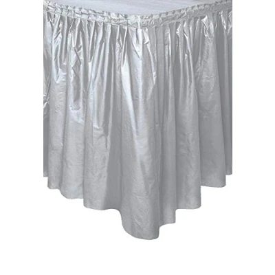 Image of Solid Silver Plastic Rectangular Table Skirt (73cm x 4 meters) 1 Count Easy Assembly and Reusable, Elegant &amp; Versatile Party Decor