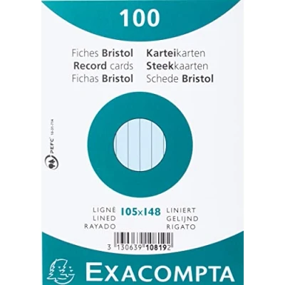 Image of Exacompta Ref 10819SE Bristol Lined Record Cards (Pack of 100) A6 in Size, 205gsm Card, Compatible with Printers Suitable for Exam Revision &amp; Notes Blue