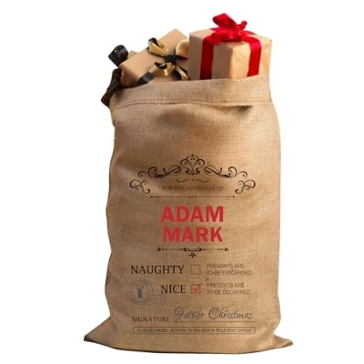 Image of Personalised Christmas Santa Sack Stocking Xmas Extra Large Hessian Traditional Bag Reusable Holiday Present (Naughty or Nice)