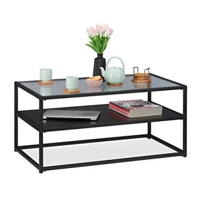 Image of Relaxdays Coffee Table, MDF Shel, Glass &amp; Metal, Modern Design, Chic Living Room HWD 42x90x50 cm, Black