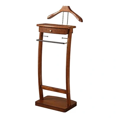 Image of GOUOLSO Freestanding Clothes Valet Stand, All Solid Wood Rack with Shelves and Drawers Floor Standing Curved Wide Shoulder Hanger Shoe