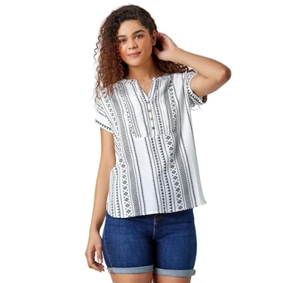 Image of Roman Originals Short Sleeve Shirt for Women UK Ladies Tunic Top Summer Blouse Casual Smat T Spring Work Cocktail Party Going Out Special Occassion Holiday V Neck Nior &amp; Ivory Size 18