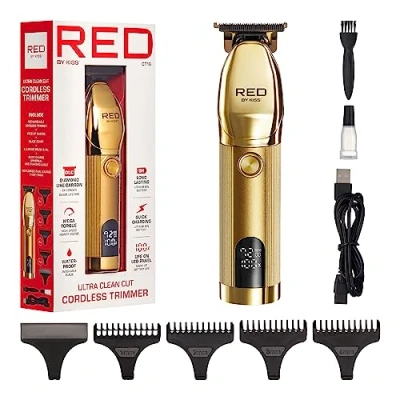 Image of Red by Kiss Cordless Hair &amp; Beard Trimmer for Men, Water Proof Professional Rechargeable Clipper, LCD Display Precision Blade