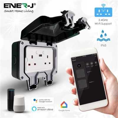 Image of Ener J Smart Wi Fi Weatherproof 13A Twin Wall Sockets with 2 USB Ports (IP55)