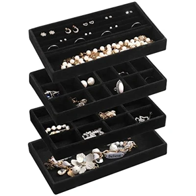 Image of Frebeauty Jewelry Organizer Tray,Stackable Velvet Trays,Drawer Inserts Earring for Women Girls Storage Display Case Rings Stud Necklaces,Set of 4(Black)