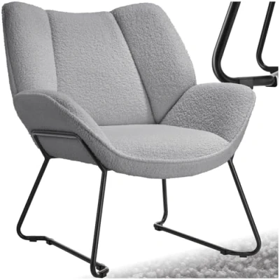 Image of TecTake® Armchair with Cosy Bouclé Fabric in Scandi Style, Accent Chair Thick Foam Padding, Durable Steel Frame, Wide Arm &amp; Backrest, Quick Setup, Ideal as Lounge Reading Light Grey