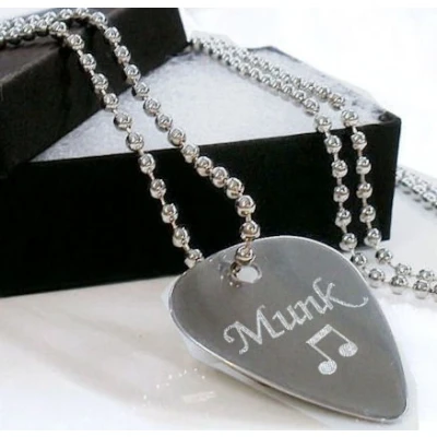 Image of Personalised Engraved 0.38 Stainless Steel Guitar Plectrum Pick &amp; Chain In Gift Box Enter Your Own Custom Text