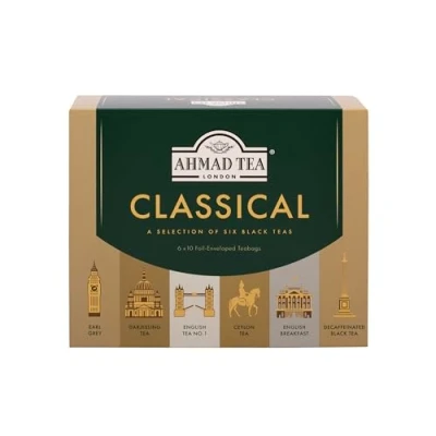 Image of Ahmad tea Gifts Classical Black Selection Pack tea, Decaf Perfect gift 60 Teabag Sachets 6 Flavours