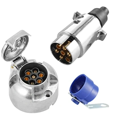 Image of SPARKMOTO 7 Pin Trailer Metal Plug Socket, 12V Socket Aluminium 7Pin Male Female With Blue Holder 7pole Towing TowBar socket(Rubber Cap)