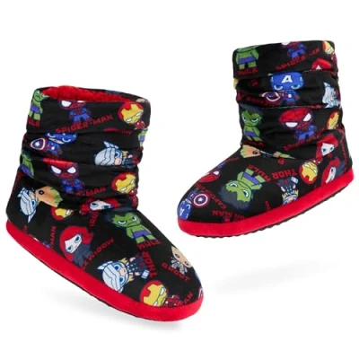 Image of Marvel Avengers Boys Slippers Plush Indoor House Shoes Warm Boot Kids Size 11 1 Non Slip Sole Gifts (Black Avengers, 10.5/11.5 UK)