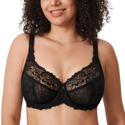 Image of Delimira Women&#039;s Plus Size Bra Full Coverage Minimiser Non Padded Lace Underwired Bras Black 34F