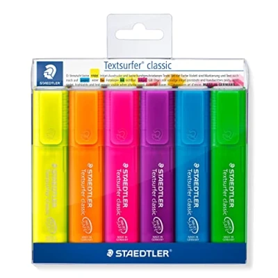Image of Staedtler Textsurfer 364 P WP6 Highlighters Classic Rainbow Colours Pack of 6 Assorted in Soft Plastic Case