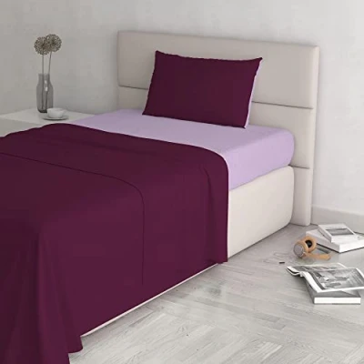 Image of Italian Bed Linen Natural Color Set (Flat 180x300, Fitted Sheet 120x200cm+Pillowcase 52x82cm), Petrol Bottle Green, 100% Cotton, lillac/Plum, SMALL DOUBLE