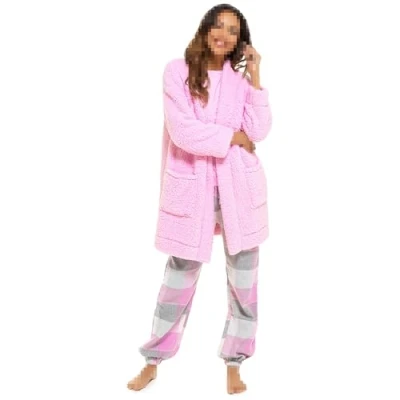 Image of A2Z Ladies Foxbury Sherpa Fluffy Fleece Cardi Edge To Dressing Gown Robe 1704 Pink 16 18