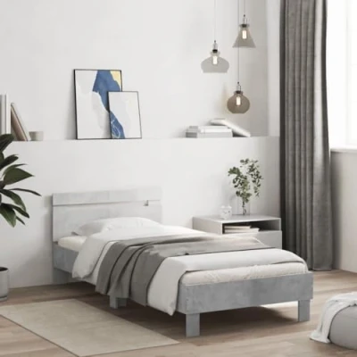 Image of vidaXL Concrete Grey Single Bed Frame with Headboard and LED Lights Engineered Wood, Modern Bedroom Furniture, 100x200 cm