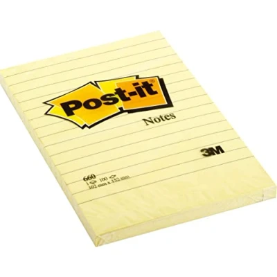 Image of Post it Large Notes, Canary Yellow, Lined, 6 Pads, 101 mm x 152 mm, 100 Sheets per Pad Extra Sticky Notes for Walls, Monitors and Fridge