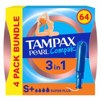 Image of Tampax Compak Pearl Tampons, Super Plus with Applicator, 64 Tampons (16 x 4 Packs), Leak Protection and Discretion