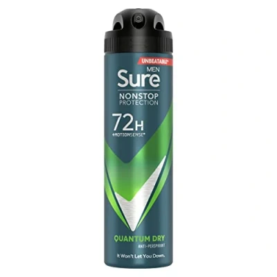 Image of Sure men Quantum Dry Nonstop protection Anti Perspirant Aerosol Spray deodorant for with MotionSense technology 72 hour sweat and odour 6x 150 ml