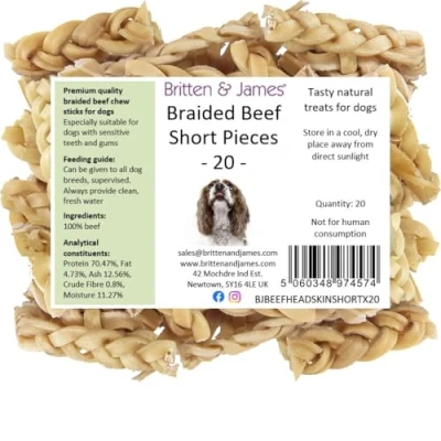 Image of Britten and James 20 Braided Beef Skin Chews for Dogs (8 12cm). Natural Long Lasting Dog Chew Treats Hypoallergenic, Gluten Grain Free. &#039;Short n Chunky&#039; Great Smaller Breeds!