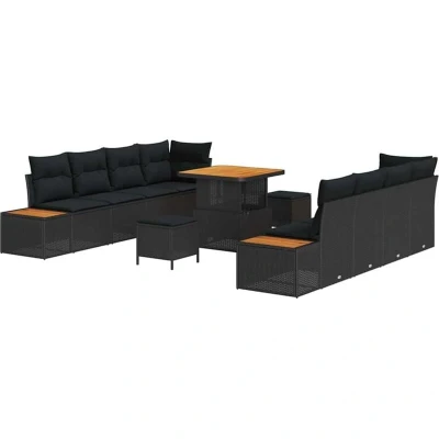 Image of vidaXL 11 Piece Garden Sofa Set with Cushions Black Poly Rattan Acacia