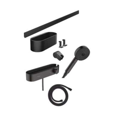 Image of Hansgrohe WallStoris Bundle Hand Shower 105 3 Sprays Activation Water Saving, Thermostat, Wall Bar 70 cm and Storage Set, Matt Black, 24250670