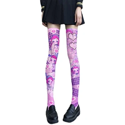 Image of Ldabrye Women Lolita Thigh High Stockings Kawaii Anime Bunny Girl Print Over Knee Socks