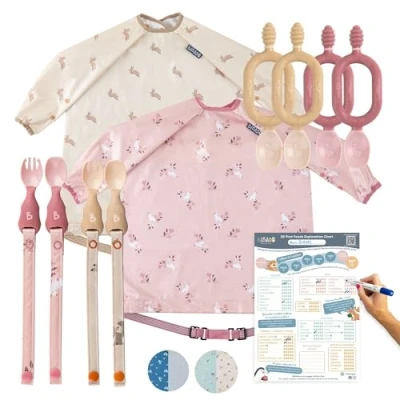 Image of Baby Weaning Set 2 Feeding Bibs, 4 Spoons, Cutlery Sets &amp; Poster, BPA Free, Perfect for and First Foods Blush
