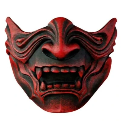 Image of asky Japanese Hannya Mask Demon Oni Samurai Noh Kabuki Prajna Devil Half Face Cosplay (Red #2), M