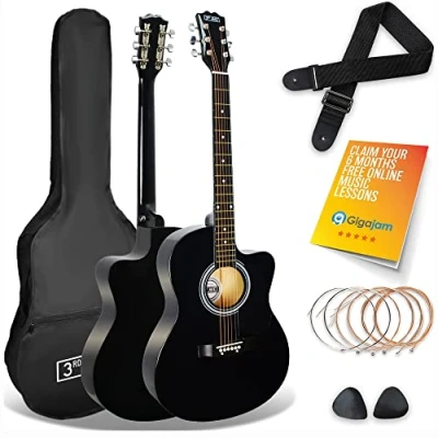 Image of 3rd Avenue Full Size 4/4 Cutaway Acoustic Guitar Pack Bundle for Beginners 6 Months FREE Lessons, Bag, Strap, Picks and Spare Strings Black
