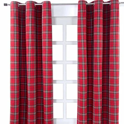 Image of HOMESCAPES Pair of 100% Cotton Curtains Edward Tartan Check Red Green 117 x Drop 137 cm 54 Inch Eyelet Ring Top Hand Woven Heavy Not Lined