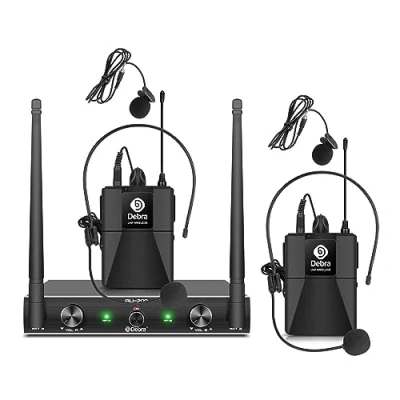 Image of D Debra Audio AU200 Pro UHF 2 Channel Wireless Microphone System with Cordless Handheld Lavalier Headset Mics, Metal Receiver, Ideal for Karaoke Church Party (2 Bodypack)