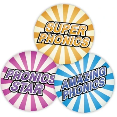 Image of Stone Melon School Reward Stickers 144 Phonics Comic Burst 30mm Round Awards Nursery Teachers Parents Children Kids