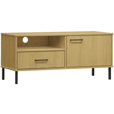 Image of vidaXL Oslo Solid Pine Wood TV Cabinet with Metal Legs, Brown Rustic Media Unit Drawers, Industrial Style Storage Stand