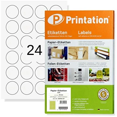 Image of Printation Round Stickers Labels 40 mm 2400 Circle on 100 Sheets A4 Sticker Paper / 24 per Sheet Coding Dots/Round 40mm, Blank White for Printer L3415