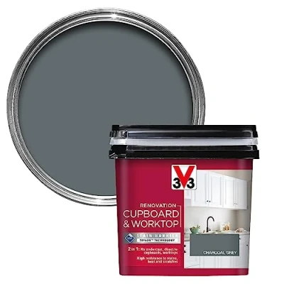 Image of V33 Renovation Cupboard &amp; Worktop Paint Charcoal Grey 750ml No Undercoat Durable Finish High Resistance To Water, Stains Scratches Washable Resistant Cleaning Products