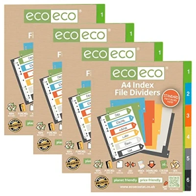 Image of eco A4 50% Recycled Multipunched Reinforced Colour Set 6 Index File Dividers 200mic (Pack of 4), eco026x4, Standard