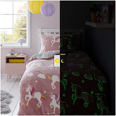Image of GC GAVENO CAVAILIA Teddy Fleece Unicorn Duvet Cover, Glow In Dark Rainbow Bedding Single Set, Cosy &amp; Warm Quilt Covers, Blush Pink