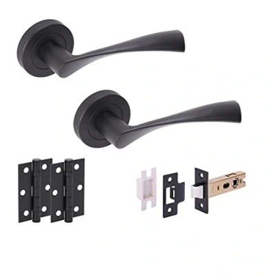 Image of HANDLEZONE® Zena Internal Door Handle Latch Pack, Complete with Lever On Rose Handles, Latch, Ball Bearing Hinges Black Matt