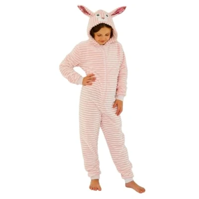Image of Animal Crazy Onesie Girls Boys Kids Childrens Fleece Onesies Jumpsuit Playsuit One Piece UK Seller Striped Rabbit 10/11 Years