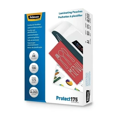 Image of Fellowes A4 Laminating Pouches Gloss Finish 100 Sheets, 350 Micron (2 x 175 Micron) High Quality Ideal for Photos, Notices, Creatives, Certificates &amp; Menus