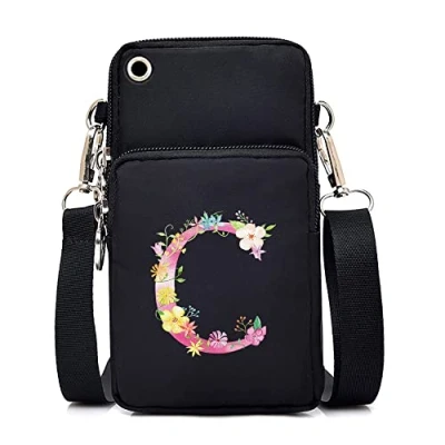 Image of FINDING CASE initial letter Printed Women Girls men Zipper Waterproof Nylon 3 Layers Crossbody Bags Wallet Cellphone Purse Shoulder Bag Wristlet Handbags Adjustable Strap (pink C)